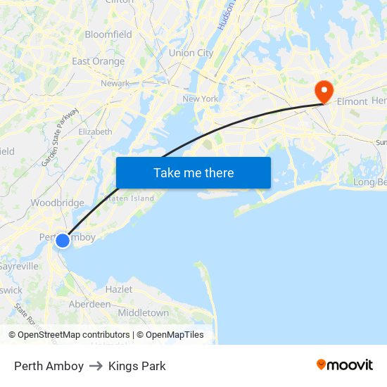 Perth Amboy to Kings Park map