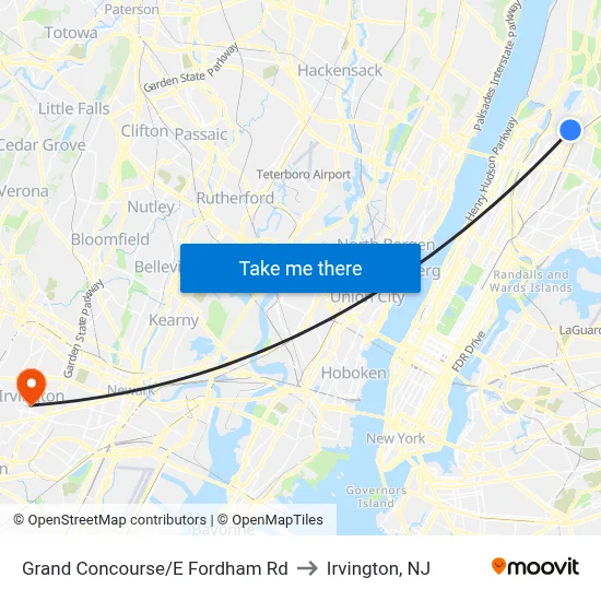 Grand Concourse/E Fordham Rd to Irvington, NJ map