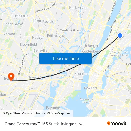 Grand Concourse/E 165 St to Irvington, NJ map