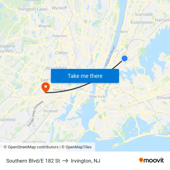 Southern Blvd/E 182 St to Irvington, NJ map