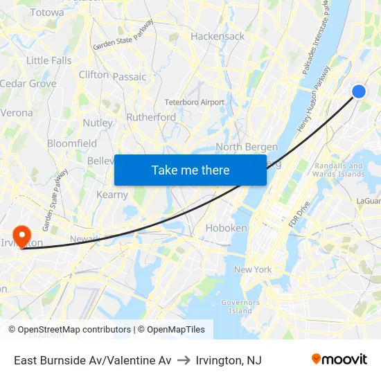 East Burnside Av/Valentine Av to Irvington, NJ map