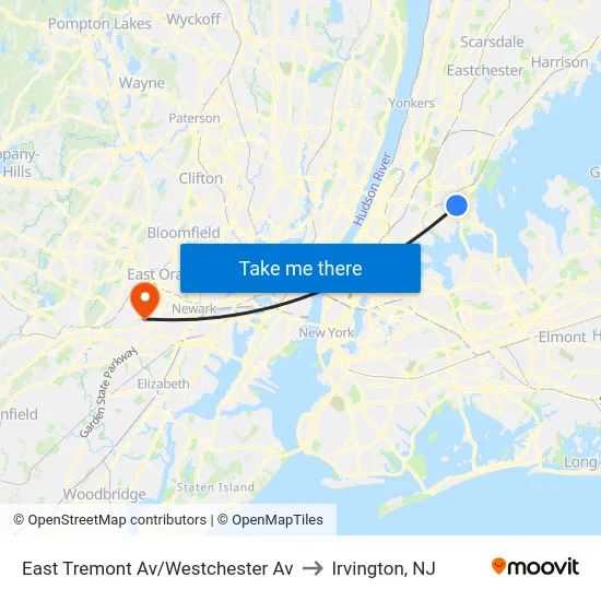 East Tremont Av/Westchester Av to Irvington, NJ map
