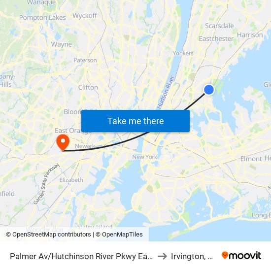 Palmer Av/Hutchinson River Pkwy East to Irvington, NJ map