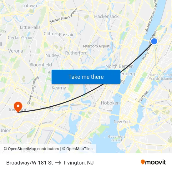 Broadway/W 181 St to Irvington, NJ map