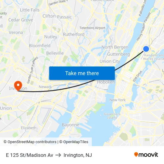 E 125 St/Madison Av to Irvington, NJ map