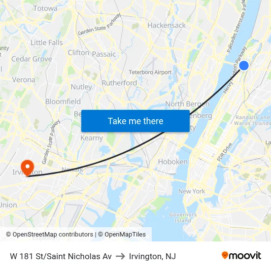 W 181 St/Saint Nicholas Av to Irvington, NJ map