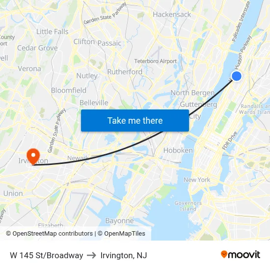 W 145 St/Broadway to Irvington, NJ map