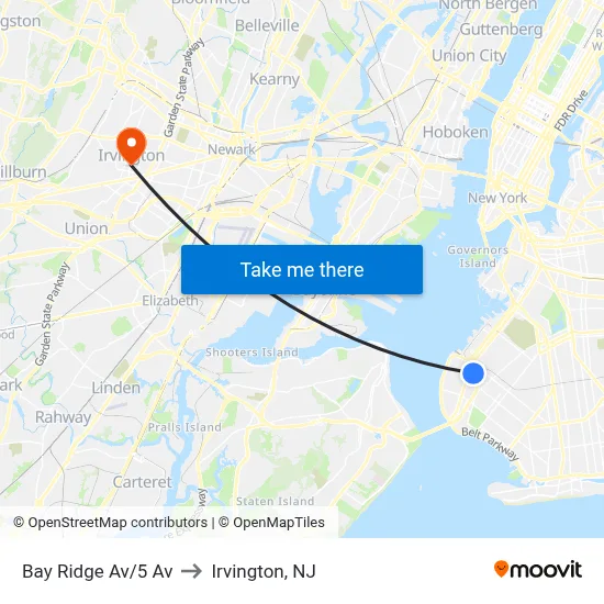 Bay Ridge Av/5 Av to Irvington, NJ map