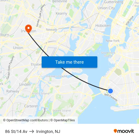 86 St/14 Av to Irvington, NJ map