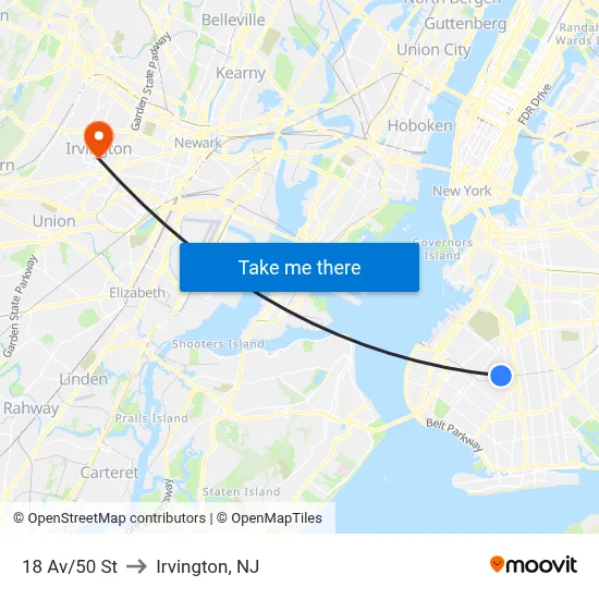 18 Av/50 St to Irvington, NJ map