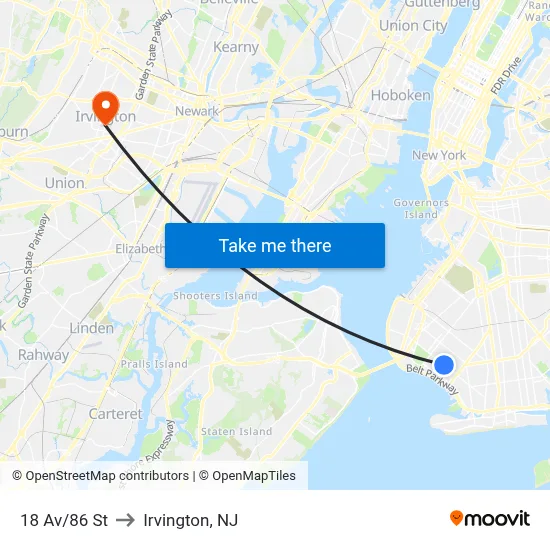 18 Av/86 St to Irvington, NJ map