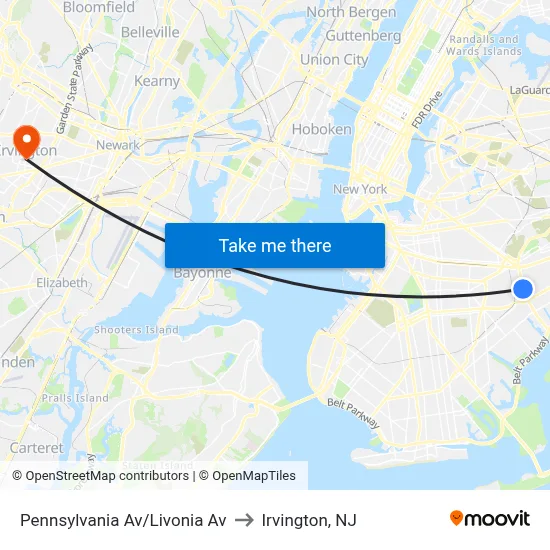 Pennsylvania Av/Livonia Av to Irvington, NJ map