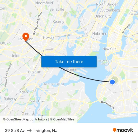 39 St/8 Av to Irvington, NJ map