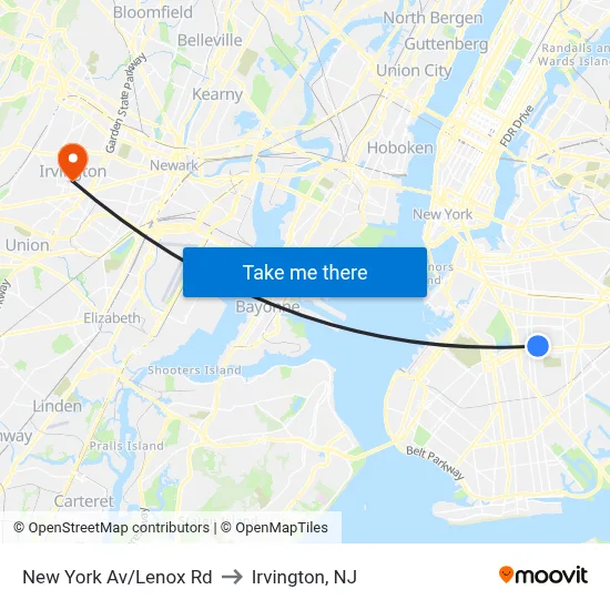 New York Av/Lenox Rd to Irvington, NJ map