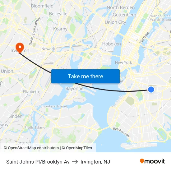 Saint Johns Pl/Brooklyn Av to Irvington, NJ map