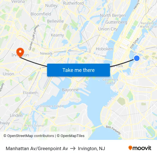Manhattan Av/Greenpoint Av to Irvington, NJ map