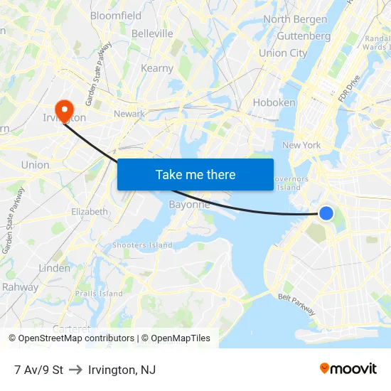 7 Av/9 St to Irvington, NJ map