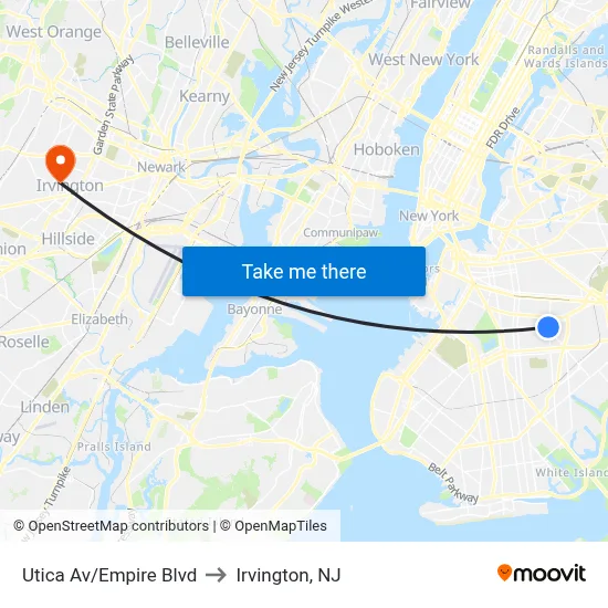 Utica Av/Empire Blvd to Irvington, NJ map
