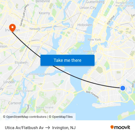 Utica Av/Flatbush Av to Irvington, NJ map