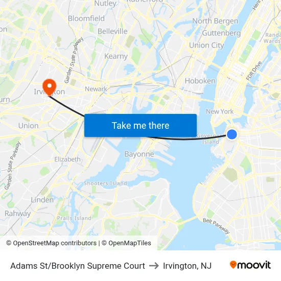 Adams St/Brooklyn Supreme Court to Irvington, NJ map