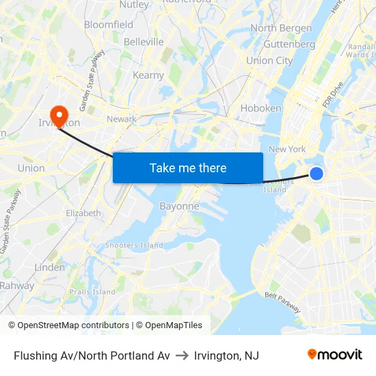 Flushing Av/North Portland Av to Irvington, NJ map
