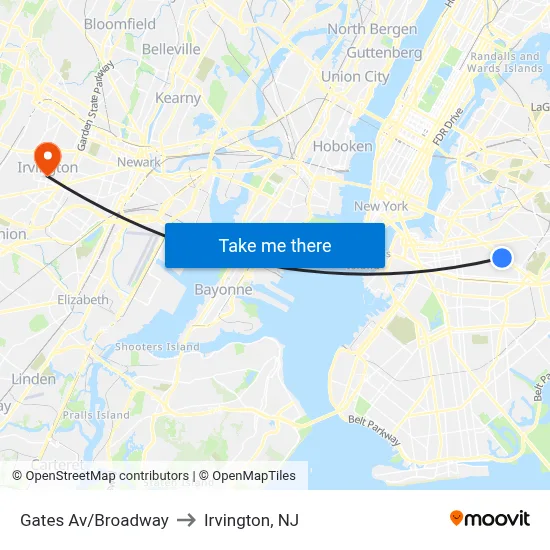 Gates Av/Broadway to Irvington, NJ map