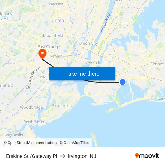 Erskine St /Gateway Pl to Irvington, NJ map