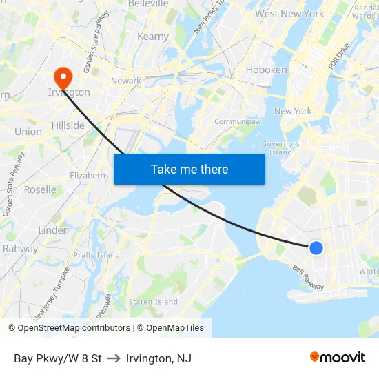 Bay Pkwy/W 8 St to Irvington, NJ map