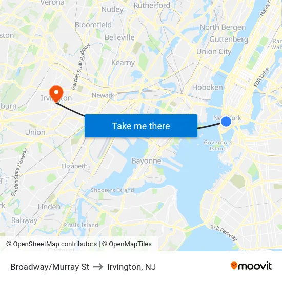 Broadway/Murray St to Irvington, NJ map