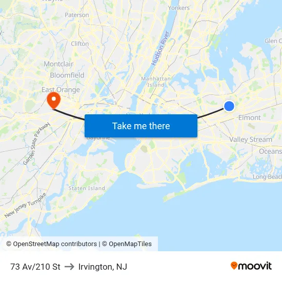 73 Av/210 St to Irvington, NJ map