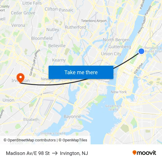 Madison Av/E 98 St to Irvington, NJ map