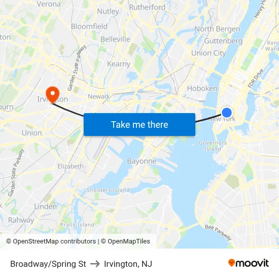 Broadway/Spring St to Irvington, NJ map