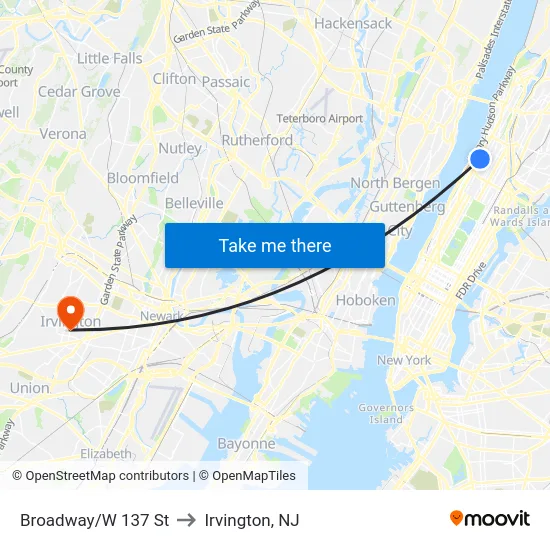 Broadway/W 137 St to Irvington, NJ map