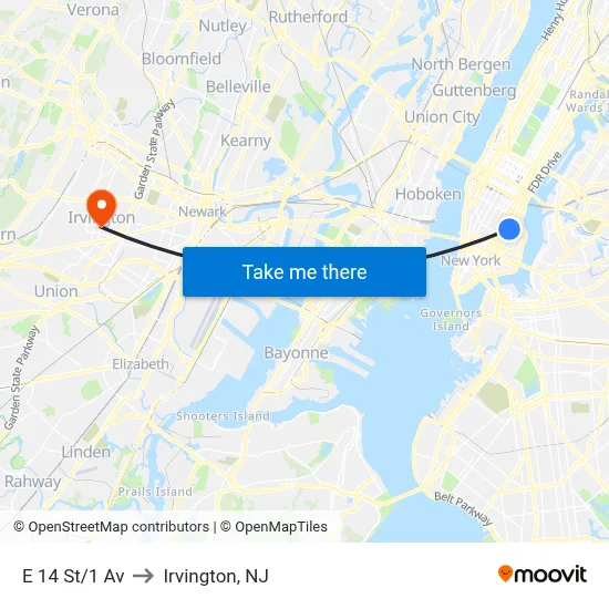 E 14 St/1 Av to Irvington, NJ map