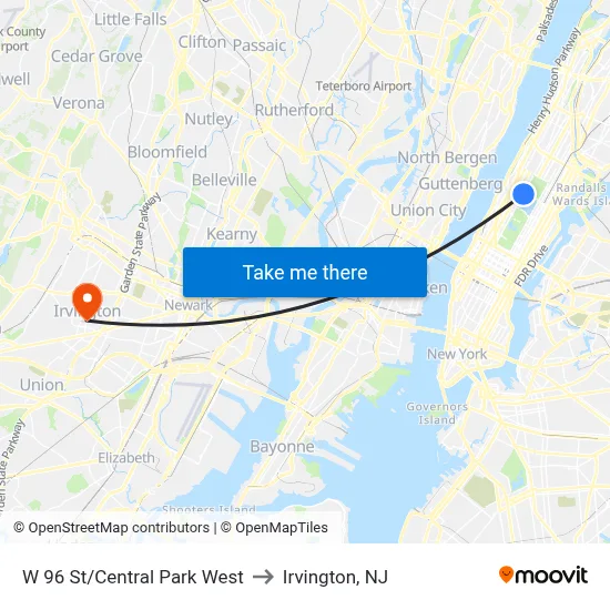 W 96 St/Central Park West to Irvington, NJ map