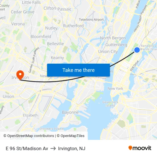 E 96 St/Madison Av to Irvington, NJ map
