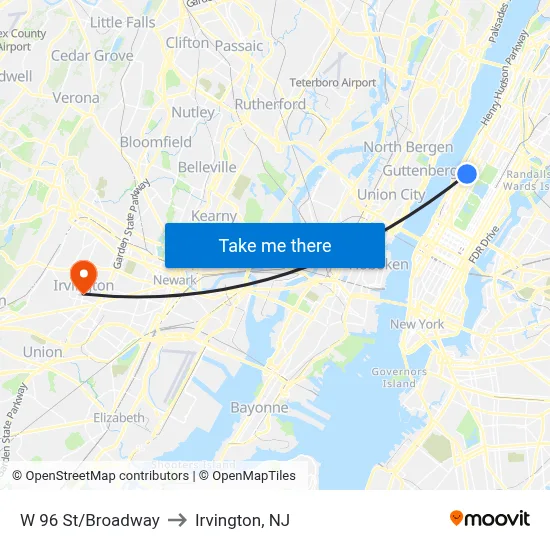 W 96 St/Broadway to Irvington, NJ map