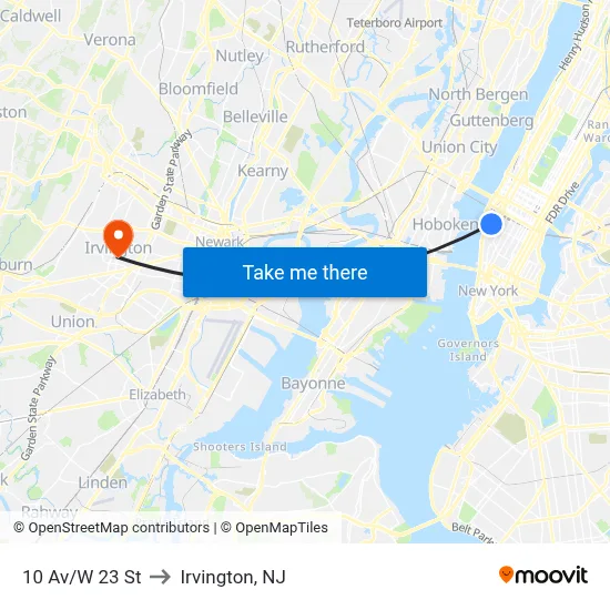 10 Av/W 23 St to Irvington, NJ map