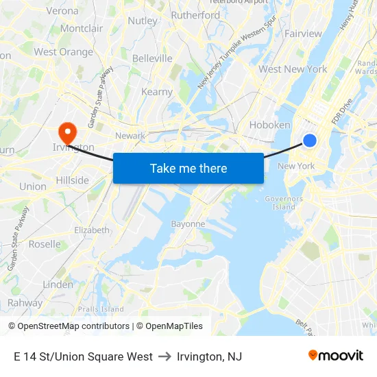 E 14 St/Union Square West to Irvington, NJ map
