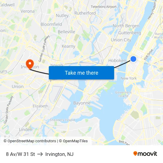 8 Av/W 31 St to Irvington, NJ map
