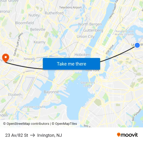 23 Av/82 St to Irvington, NJ map
