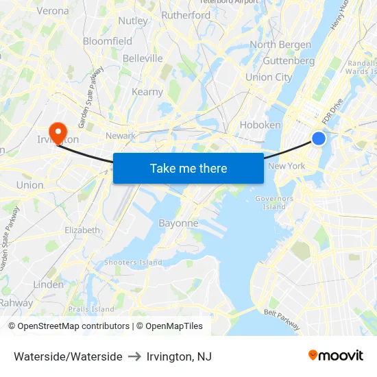 Waterside/Waterside to Irvington, NJ map
