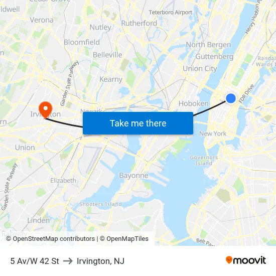 5 Av/W 42 St to Irvington, NJ map