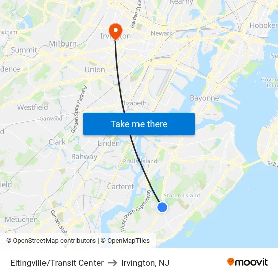 Eltingville/Transit Center to Irvington, NJ map