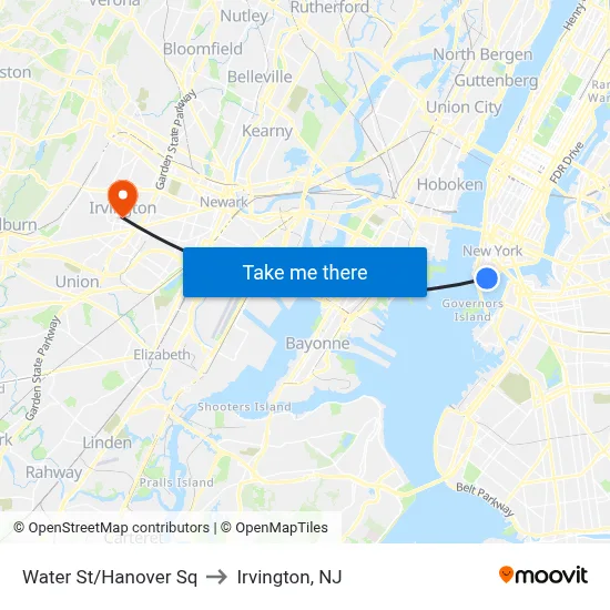 Water St/Hanover Sq to Irvington, NJ map