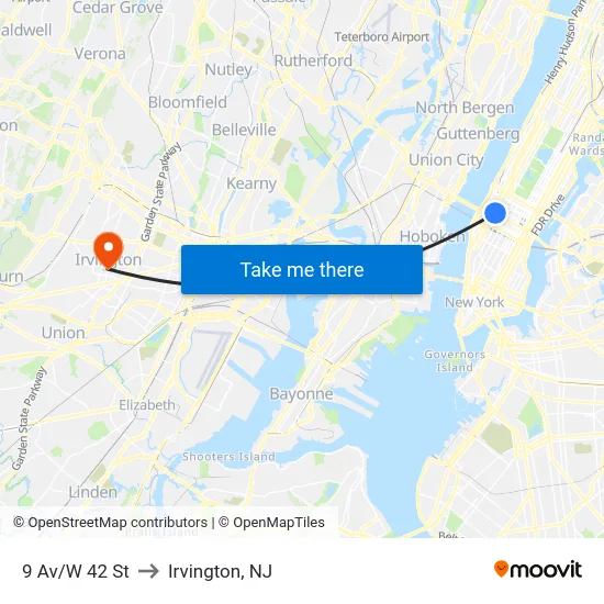 9 Av/W 42 St to Irvington, NJ map