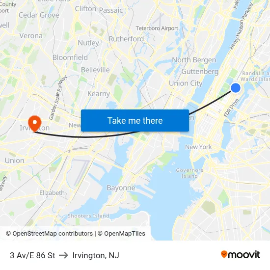 3 Av/E 86 St to Irvington, NJ map