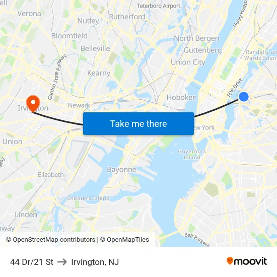 44 Dr/21 St to Irvington, NJ map