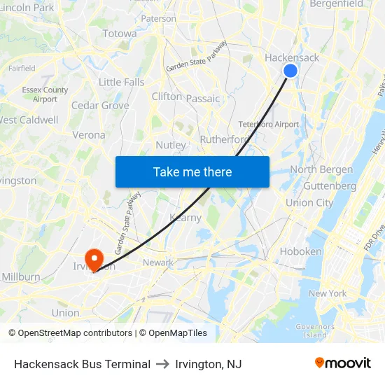 Hackensack Bus Terminal to Irvington, NJ map