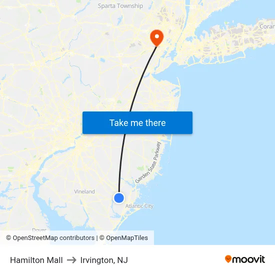 Hamilton Mall to Irvington, NJ map